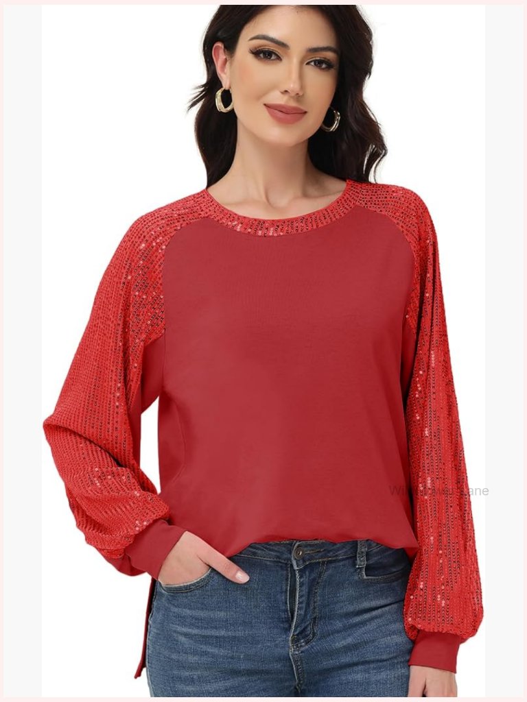 Sequin Long Sleeve Blouse Loose Fit Sparkly Party Top Tunic